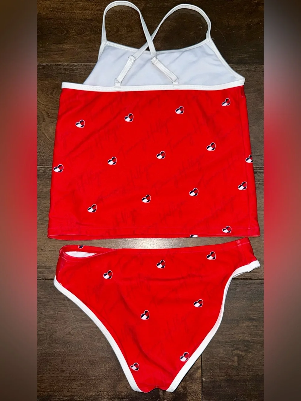 Tommy Hilfiger Girls Tankini Swimsuit Red Logo Heart Print Size L 12-14 UV NWOT